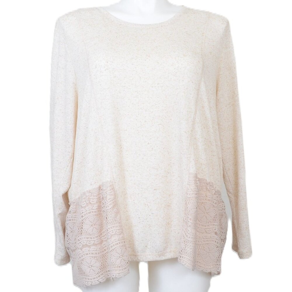 LOGO Linens by Lori Goldstein Scoop‎ Neck Knit Top Crochet Lace Women LG Oatmeal